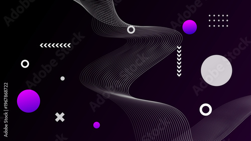 Dynamic dark purple background with wavy line structures and glowing violet circles for technology and science concepts