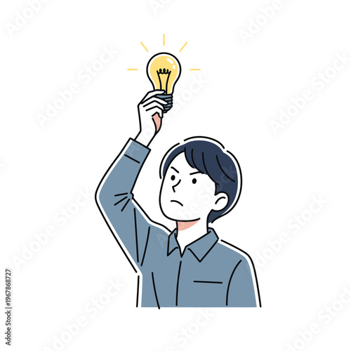 Vector illustration of a thoughtful man holding a bright light bulb, symbolizing a new idea.