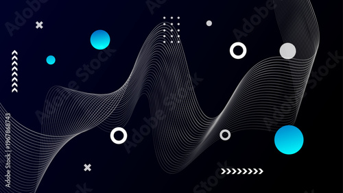 High quality digital illustration featuring white flowing wave lines and blue neon circles on a dark navy background
