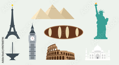 Vintage vector illustration set of famous London landmarks and monuments including Big Ben and the tower silhouette for UK travel design