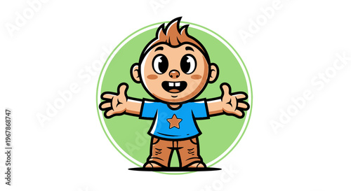 Funny cartoon vector illustration of a happy school boy character with a big smile holding a sword and a water drop for play and sport fun