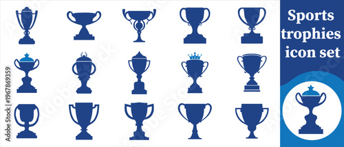 A collection of blue trophy icons and a crown are displayed against a white backdrop representing sports achievements and victory high quality professional