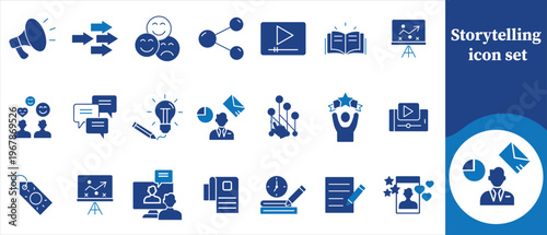 A collection of navy blue icons depicting various aspects of communication collaboration and presentation including storytelling elements high quality professional detailed modern elegant