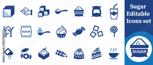 A collection of blue flat icons depicting various forms of sugar sweeteners and sugary treats for design projects high quality professional detailed modern