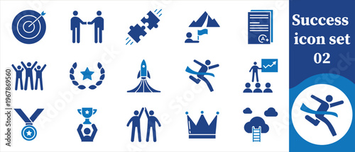 A collection of blue icons depicting themes of success achievement teamwork and goal attainment in a business context high quality professional detailed modern