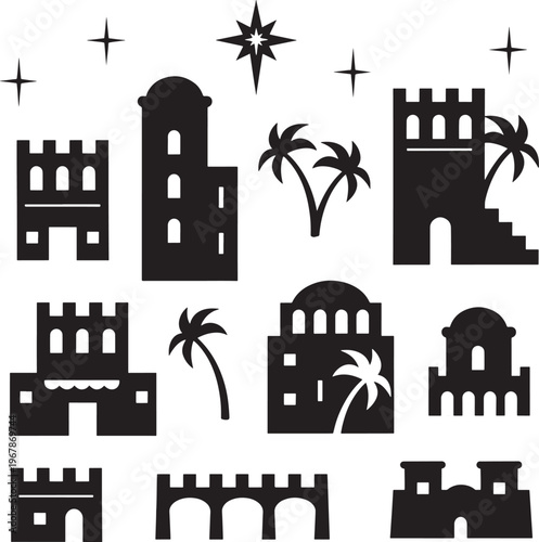 Nativity city silhouette set with middle eastern buildings and palm trees under star sky.