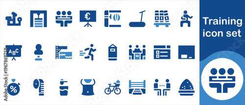 A collection of blue training and education icons representing various learning activities and professional development opportunities high quality detailed modern elegant stylish clean