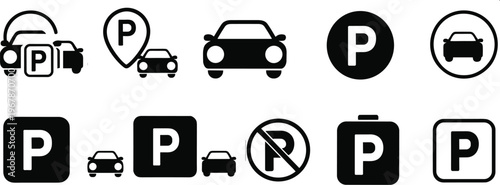 Parking symbol silhouette icon collection, automotive vector artwork set, transport design graphic, signage illustration motif, flat vector illustration