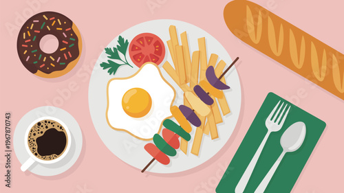 Breakfast, food, meal, plate, flat lay, vector illustration, morning, brunch, dining