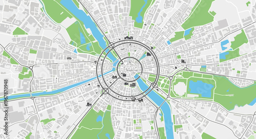Abstract City Map with Circular Design and Waterways