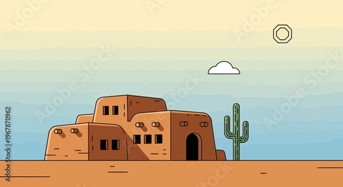 Tableau sur toile Adobe House and Saguaro Cactus in Desert Landscape