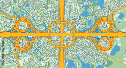 Aerial View of Complex Highway Interchange with Traffic Flow