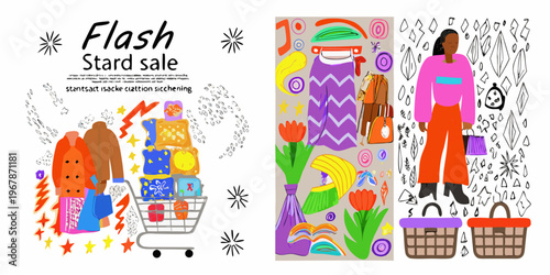 Colorful illustration of a flash sale with clothing shopping and floral elements