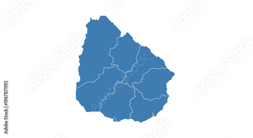 Blue Map of Uruguay with Departments and White Borders on White Background