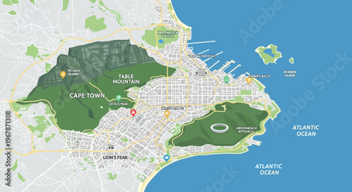 Cape Town Map with Table Mountain and Atlantic Ocean, South Africa