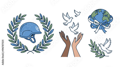 UN Peacekeeper helmet with wreath, globe with ribbon, diverse hands releasing doves, olive branches. Global peace, unity, security. Flat cartoon illustration, blue, green. Isolated vector elements.