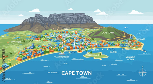 Cape Town Isometric Map Illustration with Table Mountain and Waterfront