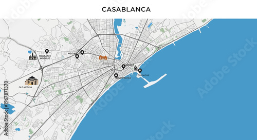 Casablanca City Map Aerial View with Coastline and Landmarks