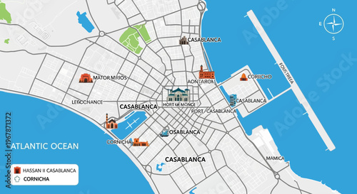 Casablanca City Map with Landmarks and Atlantic Ocean View