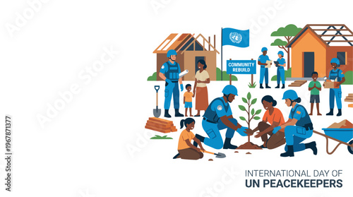 Community and uniformed aid workers collaborate on rebuilding homes and planting a new tree, symbolizing peace, recovery, and a hopeful future. Flat vector illustration with copy space.