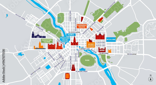 City Map Overview with Landmarks and Green Spaces