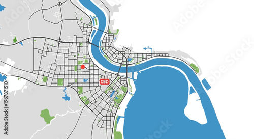 City Map Navigation with CBD Location Marker on Modern Urban Landscape