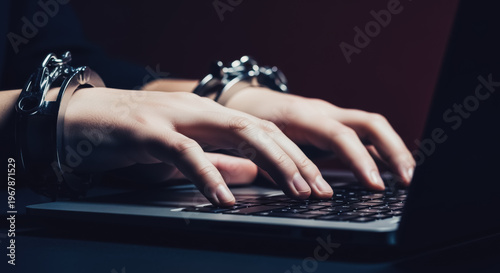 Cybercriminal Hands in Handcuffs Using a Laptop Illustrating Internet Fraud Hacker and Online Crime Prosecution