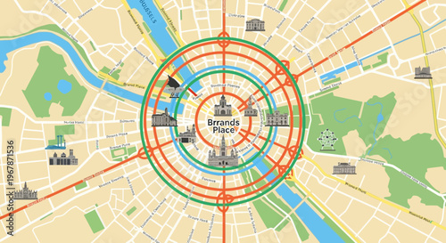 City Map with Concentric Circles and Landmarks, Urban Planning Concept