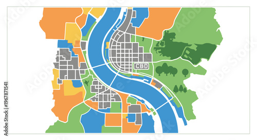 City Map with Districts, River, and CBD Area - Urban Planning and Geography