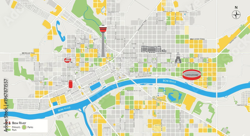 City Map with Landmarks and River, Aerial View, Urban Planning, Navigation
