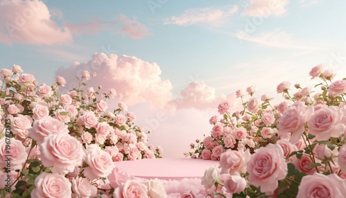A serene and beautiful scene of pink roses and clouds in a blue sky