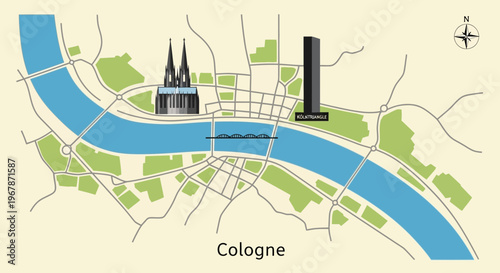 Cologne City Map with Cathedral and Modern Skyscraper