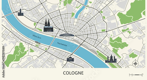 Cologne City Map with Landmarks and Rhine River