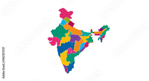 Colorful Map of India Divided into States, White Background