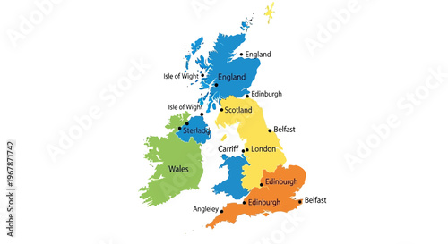 Colorful map of the United Kingdom with capital cities, isolated on white background