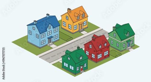 Colorful suburban houses on a street, isometric view, real estate concept
