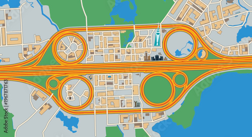 Complex Highway Interchange with Cityscape and Water View