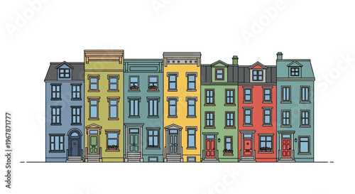 Colorful Row Houses Facade - Urban Townhouses Street View