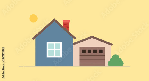 Cozy Blue House with Garage and Green Bush Under Sunny Sky