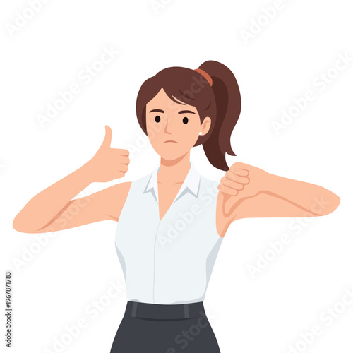 Young woman showing thumbs up and thumbs down, mixed feedback gesture. Flat vector illustration isolated on white background