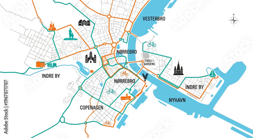 Copenhagen City Map with Bike Paths and Landmarks