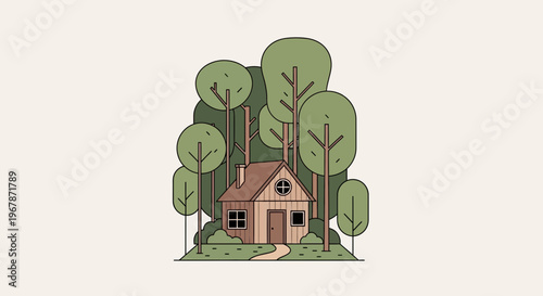 Cozy cabin in a lush forest, illustration, nature, peaceful retreat