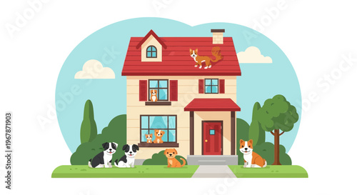 Cute Cartoon Dogs Around a Cozy House, Sunny Day, Outdoor Illustration