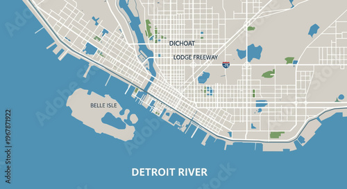 Detroit River Map - Belle Isle, Downtown, Detroit River, Loote Freeway
