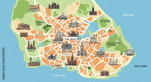 Edinburgh Map Illustration with Landmarks and Attractions