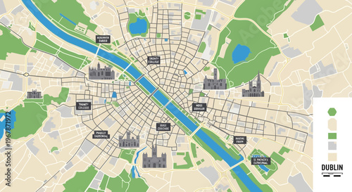 Dublin City Map Illustration with Landmarks and River Liffey