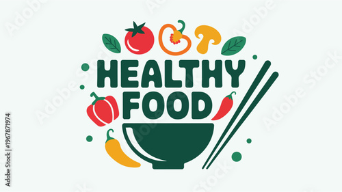 Healthy food logo, vector illustration, green and colorful icons, bowl and chopsticks