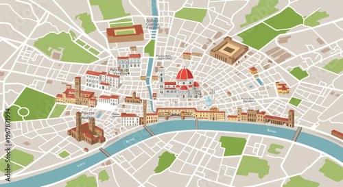Florence City Map Illustration, Italy, Famous Landmarks, Aerial View