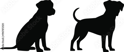 Dog silhouettes in black design, showing sitting and standing poses with tails extended or curved, symbolizing pets, animals, loyalty, companionship, and posture.