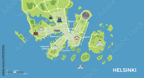 Helsinki Map: Aerial View of Finland's Capital City with Landmarks